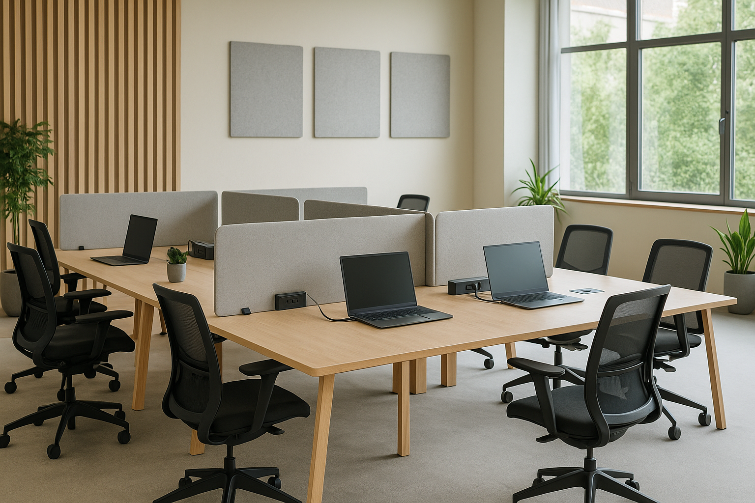 Ofis mobilyaları tasarım trendleri: minimalist bench çalışma masaları, ergonomik koltuklar ve doğal ahşap tonları