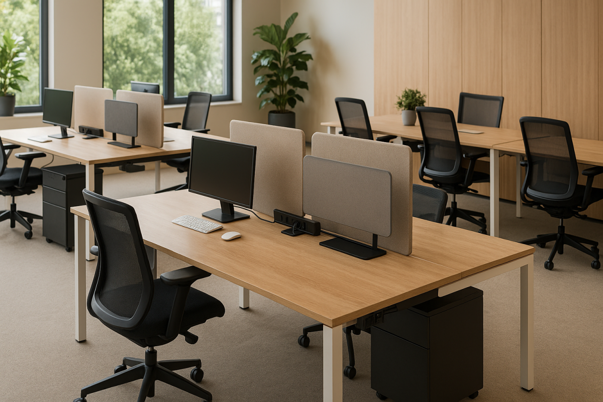 Çalışma grubu masaları nasıl seçilir? Bench sistemli modern çalışma grubu masası, akustik seperatör ve kablo yönetimi örneği.
