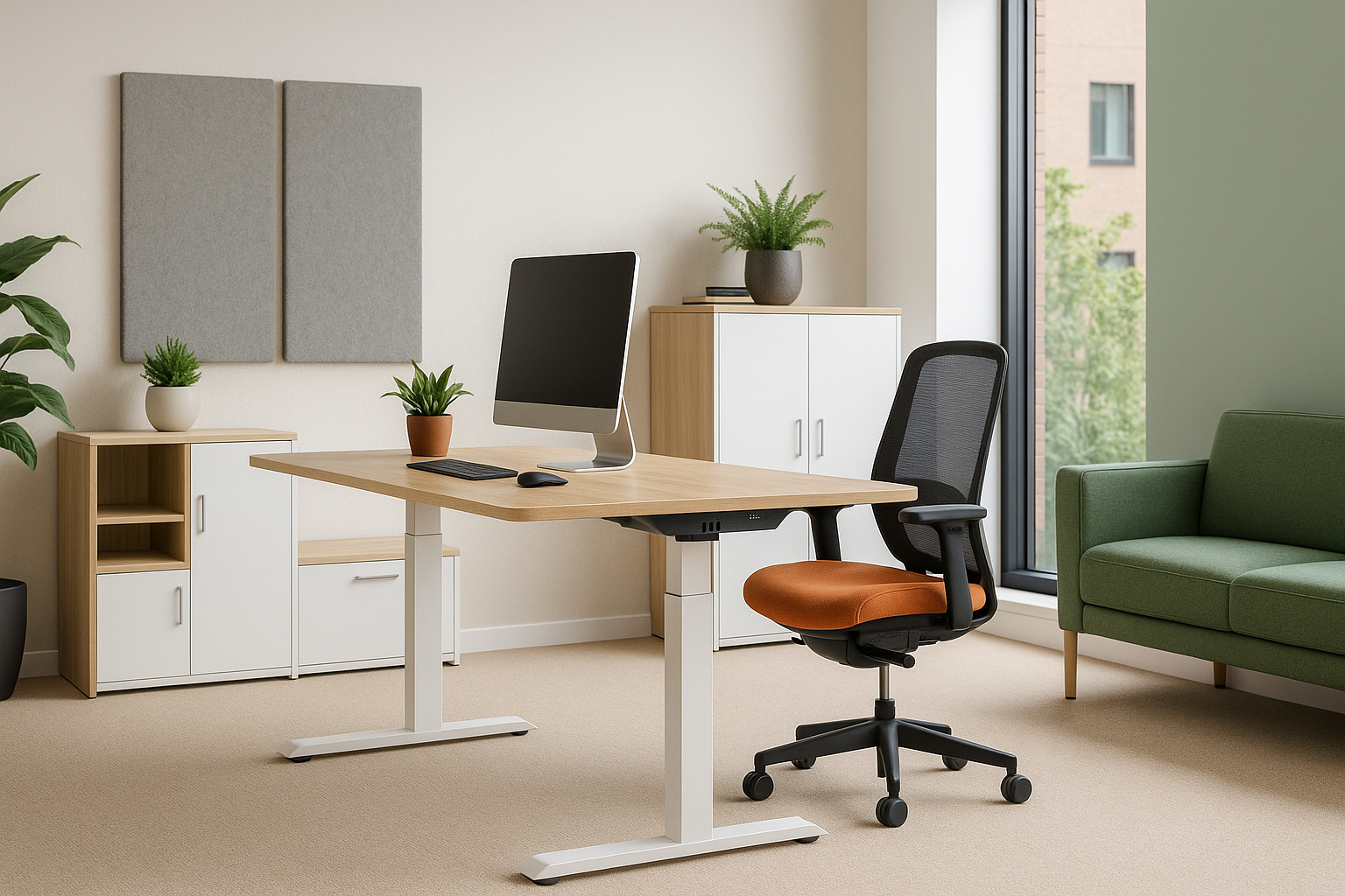 Modern ofis yükseklik ayarlı çalışma masası, ergonomik ofis koltuğu ve depolama üniteleri — Koca Ofis mobilyaları ile verimli çalışma alanı