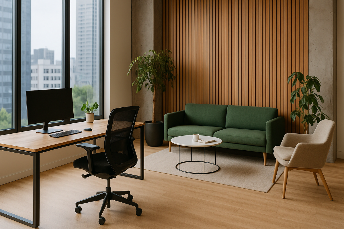2025 ofis trendleri – modern ofis dekorasyonu, ergonomik sandalye, ahşap masa ve yeşil koltuklarla şık ofis tasarımı | Koca Ofis Mobilya